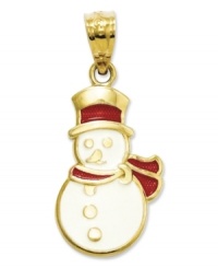 Embrace the blustery season in style. This adorable snowman charm is crafted in 14k gold with red and white enamel for extra spirit. Chain not included. Approximate length: 4/5 inch. Approximate width: 4/10 inch.