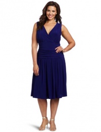 Jessica Howard Women's Plus-Size V-Neck Rouched Waist Dress, Blue, 22W