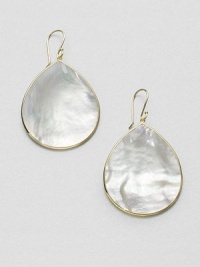 From the Slice Collection. The natural iridescence of gleaming mother-of-pearl is exquisitely contoured into teardrop shape. White mother-of-pearl 18k gold Drop, about 2½ Width, about 1¼ Ear wire Imported 