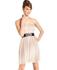 A metallic underlay adds subtle shimmer to this strapless dress from Hailey Logan. Finished with a rhinestone-studded band at the waist, this party frock is a pretty choice for dancing the night away.