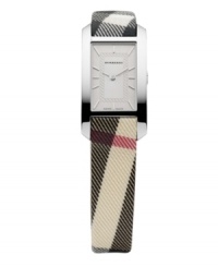 This Burberry watch features a Nova check fabric strap with a rectangular stainless steel case. Black etched dial with logo and silvertone indices. Two hands. Swiss movement. Water resistant to 30 meters. Two-year limited warranty.