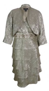 R&M Richards Women's Jacquared Tiered Dress & Jacket Set (10 Petite, Taupe)