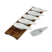 Perfect for presenting tasty bites of mise en bouche, favorite appetizers or sweet treats, 10 Strawberry Street's set includes seven porcelain tasting spoons that rest on a rustic kashia wood tray.