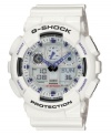 Technology that really ticks. This G-Shock watch features a white resin strap and round case. Logo at bezel. Analog-digital dial with shock resistance features auto LED light, world time, daily alarm with snooze, and countdown timer. Quartz movement. Water resistant to 200 meters. One-year limited warranty.