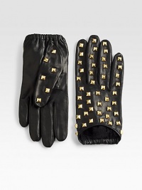 EXCLUSIVELY AT SAKS.COM. A supple, cropped leather design gets a little edgy with studded detail.About 5 longLeatherSilk liningDry cleanMade in Italy