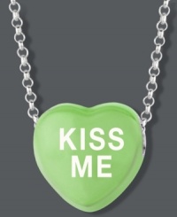 Sugary sweet style you can wear! Sweethearts' KISS ME pendant features a green enamel surface and polished, sterling silver setting and chain. Copyright © 2011 New England Confectionery Company. Approximate length: 16 inches + 2-inch extender. Approximate drop: 1/2 inch.