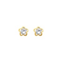 14K Yellow Gold Flower CZ Stud Earrings with Screw-back for Children