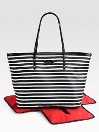 A chic, striped baby bag with matching changing pad that makes mommy look stylish and sophisticated.Double top handles, approximately 10 dropSpring clip strap top closeStroller clipsOne inside open pocketOne inside zip pocketBright, wipe-clean liningJersey-backed nylon with patent leather trim12½W X 14¾H X 7DImported