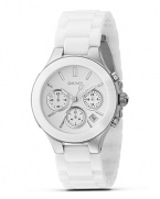 White stands out as the color of choice for watches this summer. Here, DKNY reinterprets the chronograph into a modern design with a date window, stick indices and a sweep second hand.