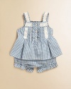 Delicate lace trim adorns the shoulder straps and neckline of this pretty top and bloomer set, rendered in a bright gingham check for preppy warm-weather style.Straight necklineWide strapsButton-frontRear smockingFlared hemElastic waistbandCottonMachine washImported Please note: Number of buttons may vary depending on size ordered. 