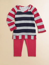 Two tones of wide rugby stripes on a cozy waffle knit with subtle sparkle join solid jersey leggings in this delightful duo. TopScoop necklineLong raglan sleevesVertical striped hem Pants Elastic waistbandSmooth jerseySlim legging fitTop: rayon/modal/cotton/LurexPants: cotton/modal/spandexMachine washImportedAdditional InformationKid's Apparel Size Guide 