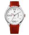 All-American style with a burst of color from Tommy Hilfiger. Watch crafted of red ribbed silicone strap and round stainless steel case. White striped dial features applied Arabic numbers at twelve, six and nine o'clock, stick indices, minute track, red arrow hour hand, gray minute and second hands, date window at four o'clock and iconic flag logo at twelve o'clock. Quartz movement. Water resistant to 50 meters. Ten-year limited warranty.