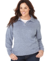 Warm up this season with the ultimate in comfortable plus size fashion. This long sleeve sweater from Karen Scott's collection of plus size clothes is crafted from a marled knit.