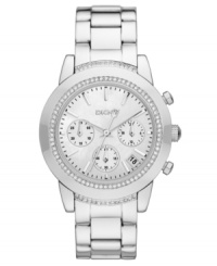 Crafted from the finest materials, this stainless steel watch from DKNY receives a dose of glam with crystal shimmer.