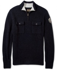 A warm wool make and a sporty back logo make this Lucky Jeans sweater cozy and cool.