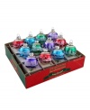 Give your tree some unexpected color with this set of mini flocked ornaments by Christopher Radko. Each Shiny Brite ball features a unique frosty scene, from skiing snowmen to Santa's sleigh. In icy blues, rich violet and, of course, Christmas green and red.