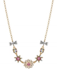 Fashion-forward with the florals. Betsey John's frontal necklace, crafted from gold-tone mixed metal, dazzles with colorful glass crystals and silver-tone bows for a whimsical touch. Approximate length: 16 inches + 3-inch extender. Approximate drop: 5/8 inch.