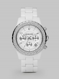 A sporty chronograph design with sparkling crystal trim along the bezel.Analog movement Water resistant to 5 ATM Swarovski crystals along bezel Round stainless steel case, 42mm, (1.65) White chronograph dial with MOP center Date display between 4 and 5 o'clock Index and Arabic numeral hour markers Second hand Acetate link bracelet Imported 