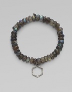 This labradorite beaded, stretch design is accented with a diamond embellished rhodium hexagon charm for a sleek look. Labradorite beadsRhodiumDiamonds, .16 tcwLength, about 6¾Elastic slip-on styleMade in USA of imported materials