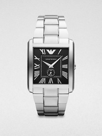 A classic timepiece with distinctive features in sleek stainless steel. Quartz movementWater resistant to 5 ATMRectangular stainless steel case, 34.5mm (1.3) X 36.5mm (1.4)Smooth bezelBlack dialRoman numeral hour markersSecond hand sub-dialStainless steel link braceletImported