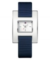 Crisp Americana style. Watch by Tommy Hilfiger crafted of blue grosgrain ribbon strap and rectangular stainless steel case with white enamel bezel. White dial features silver tone stick indices at three, six and nine o'clock, three hands and iconic flag logo at twelve o'clock. Quartz movement. Water resistant to 30 meters. Ten-year limited warranty.