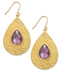 Retro elegance from Lauren Ralph Lauren. These drop earrings offer textured appeal with a teardrop silhouette that flaunts a resin cabochon in amethyst hues. Crafted in 14k worn gold-plated brass. Approximate drop: 1-1/2 inches. Approximate diameter: 1 inch.