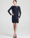 A cowl back lends an elegant look to Aidan Mattox's embellished dress--delicate beads take form in sleek, clean rows.