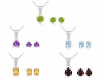 Sterling Silver Peridot, Garnet, Amethyst, Blue Topaz and Citrine Stud Earrings and Pendant Necklace s Individually-Boxed Set