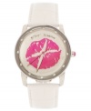 Kiss your wrists with this lovely watch from Betsey Johnson. Dressed in genuine white leather and glammed up with a vibrant graphic.