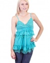 Ina Ruffled Lace Trim Chiffon Daisy Embroidered Netting Overlay Triangle Top Elastic Cinched Back Semi Sheer Peek a Boo Center Split Blouse Aqua Blue Small