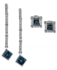 Extended elegance. This pair of 14k white convertible gold earrings from Diversa by EFFY Collection shines bright with round- and square-cut blue (3/4 ct. t.w.) and white (1/3 ct. t.w.) diamonds, enhancing your stylish options. Approximate drop length: 1-5/8 inches. Approximate drop width: 1/3 inch.