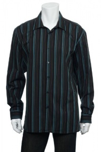 Alfani Fitted Black Basic (black brown coral and blue) Vertical Stripes LS Button Down Shirt