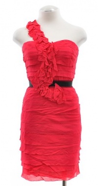 BCBG MaxAzria Azalea Red Bundled Ruffle One Sleeve Tiered Cocktail Dress 0