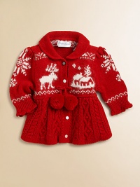 A reindeer-and-winter scene design gives classic seasonal charm to an adorable babydoll cardigan.Shawl collarLong sleevesButton-frontWaistband with pom-pomsCable-knit skirtCottonMachine washImported Please note: Number of buttons may vary depending on size ordered. 