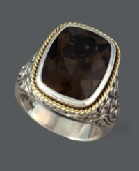 Get cocktail-ready in this sparkling style from Balissima by Effy Collection. Ring features a faceted smokey quartz (9-1/4 ct. t.w.) set in scrolling sterling silver and 18k gold rope edging. Size 7.