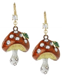 Fun fungi! Betsey Johnson's whimsical mushroom earrings feature red, white and green tone accents and orange and sparkling crystal accents. Set in gold tone mixed metal. Approximate drop: 2-1/2 inches.