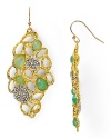 Alexis Bittar masters mixed media accessorizing with this pair of gold and rhodium tone earrings. Shaped like ornate petals and accented by a mix of Swarovski crystal and chalcedony stones.