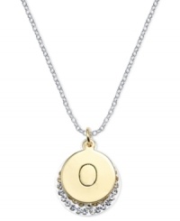 Letter perfection. This sterling silver necklace holds a pendant set in 14k gold and sterling silver plated topped with an O and adorned with crystal for a stunning statement. Approximate length: 18 inches. Approximate drop: 7/8 inch. Approximate drop width: 5/8 inch.