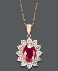 The perfect blend of blush tones. Effy Collection's royalty-inspired necklace features an oval-cut ruby (3-3/4 ct. t.w.) surrounded by a halo of round-cut diamonds (1-3/4 ct. t.w.). Crafted in 14k rose gold. Approximate length: 18 inches. Approximate drop length: 1-1/2 inches. Approximate drop width: 3/4 inch.