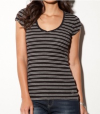 G by GUESS Basic Ribbed V-Neck Tee with Stripes, JET BLACK/CLOUDY HEATHER (MEDIUM)