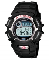 Tough style for the active guy. This G-Shock watch features a black resin bracelet and round case. Digital display dial with tough solar power, shock resistance, full auto EL backlight, world time, and daily alarm with snooze. Quartz movement. Water resistant to 200 meters. One-year limited warranty.