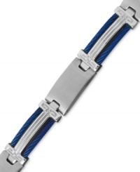 Stately design with a pop of color. Get style inspired by aquatics with this nautical-inspired men's bracelet. Crafted in stainless steel and blue ion-plated stainless steel with a cable link design. Approximate length: 8-1/2 inches.