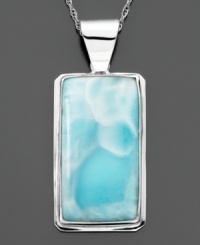 A larimer pendant with sky-blue beauty, set in sterling silver. Approximate length: 16 inches + 2-inch extender. Approximate drop: 2 inches.