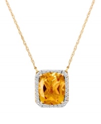 A subtle touch of sunshine. Le Vian's exquisite pendant highlights a cushion-cut citrine (4-1/3 ct. t.w.) surrounded by round-cut diamonds (1/3 ct. t.w.). Set in 14k gold. Approximate length: 18 inches. Approximate drop: 1/2 inch.