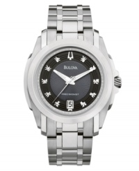 Unparalleled accuracy and sleek minimalist design, by Bulova. Touted as the world's most accurate timepiece, this Precisionist collection watch is accurate to ten seconds a year. Round stainless steel case and bracelet. Black sunray-patterned dial features luminous hour and minute hands, continuously sweeping second hand, diamond accents at markers, date window at six o'clock and logo. Quartz movement. Water resistant to 30 meters. Three-year limited warranty.