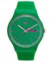 Sport your love for Swatch with this vibrant silicone watch from the Green Rebel collection.