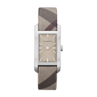 Streamlined sophistication. This sleek timepiece from Burberry boasts iconic check patterns and Swiss precision.