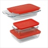 Pyrex Easy Grab 6 piece value pack includes 1-each 3 quart oblong, 3cup rectangle storage, 6 cup rectangle storage, with redplastic covers