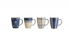 Euro Ceramica Kitchen Mugs, Set of 4 Assorted Patterns, Blue