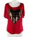 Fashion Jewelry - SEQUINS HEART DETAIL SHORT SLEEVE TOP- By Fashion Destination | Free Shipping (Red)